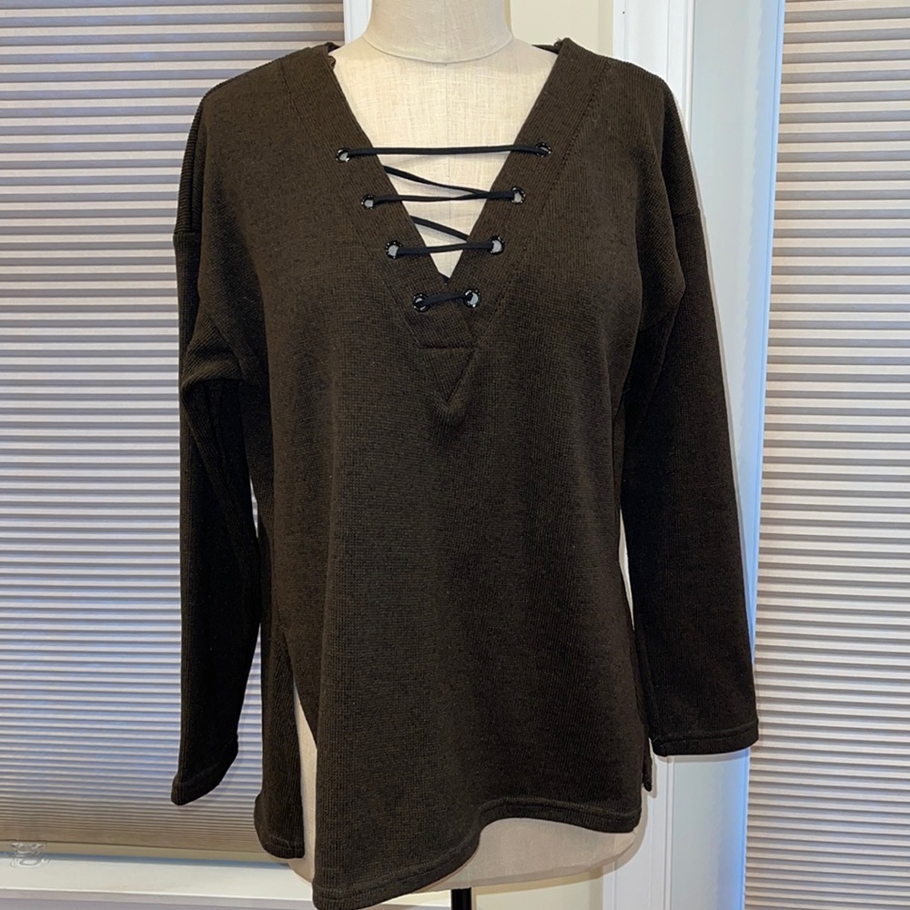 into lace up pullover sweater
